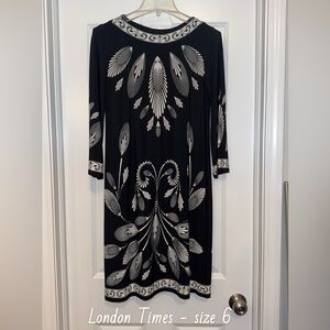 London Times Black and Cream Sheath Dress 3/4 Sleeve